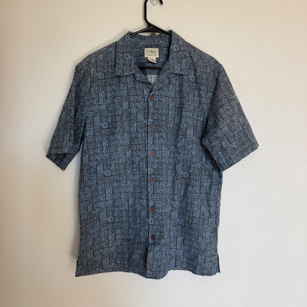 LL Bean Mens Medium Blue Grey Aztec Mayan Block Print Cotton Button Down Shirt